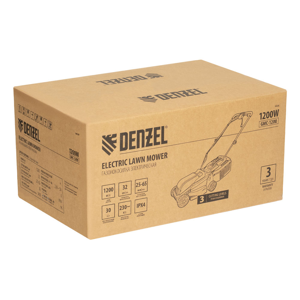 Газонокосилка электрическая GMC-1200, шир.,32см, 1200 Вт, 3 уров., травосб. 30 л Denzel (96628)