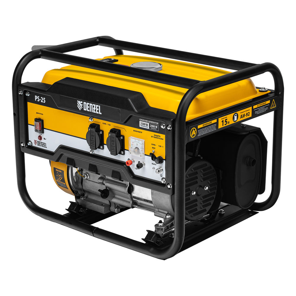 Генератор бензиновый PS 25, 2.5 кВт, 230 В, 15 л, ручной стартер Denzel (946814)