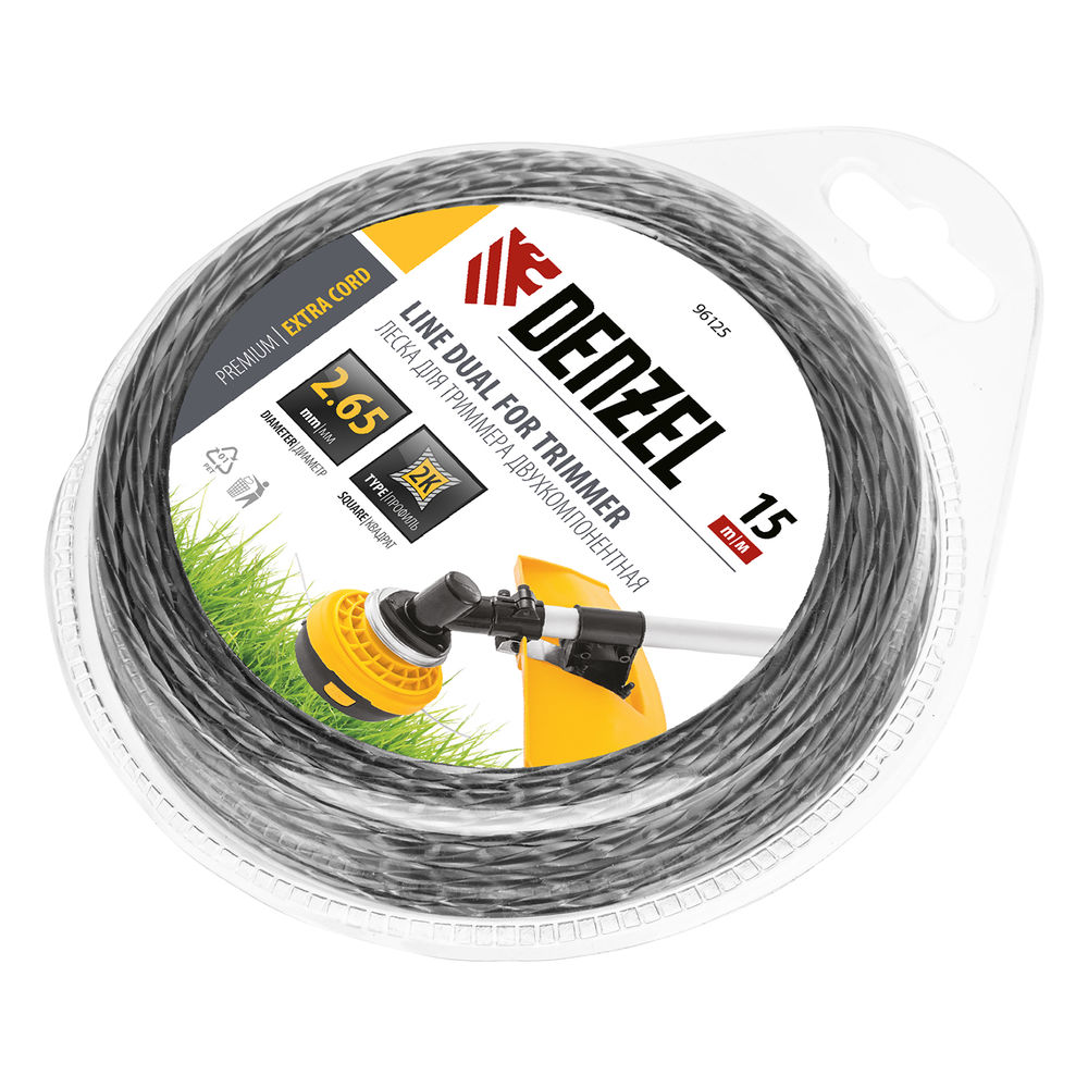 Леска для триммера двухкомпонентная, квадратная 2.65 мм x 15 м Extra cord Denzel (96125)