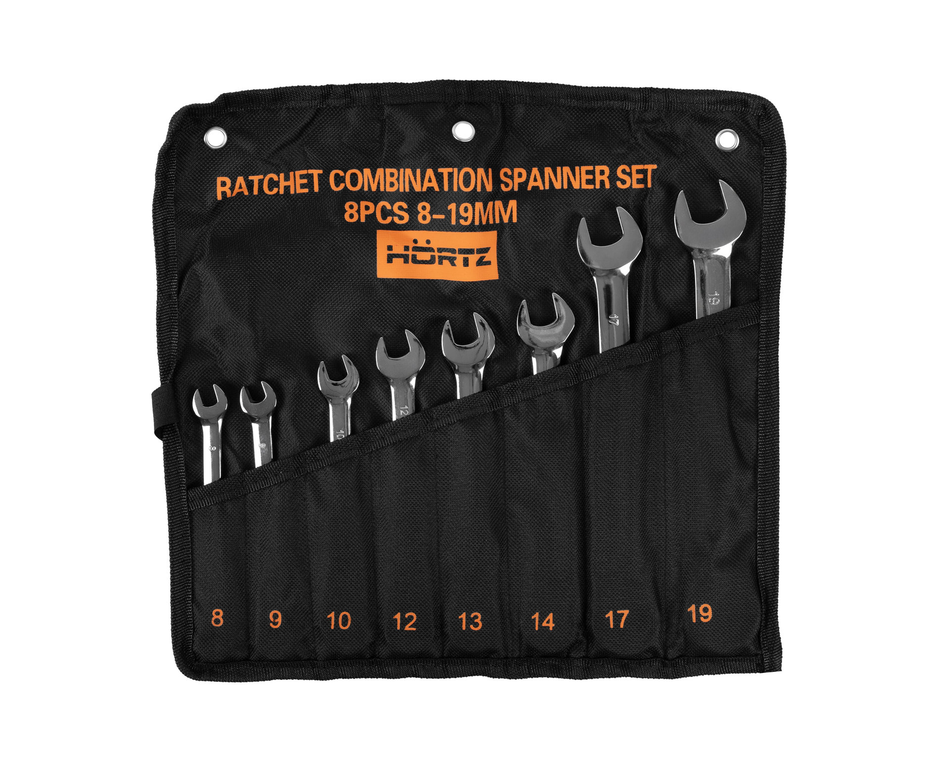 Набор ключей комбинированных трещоточных 8 шт. (8-19) хромированных HORTZ