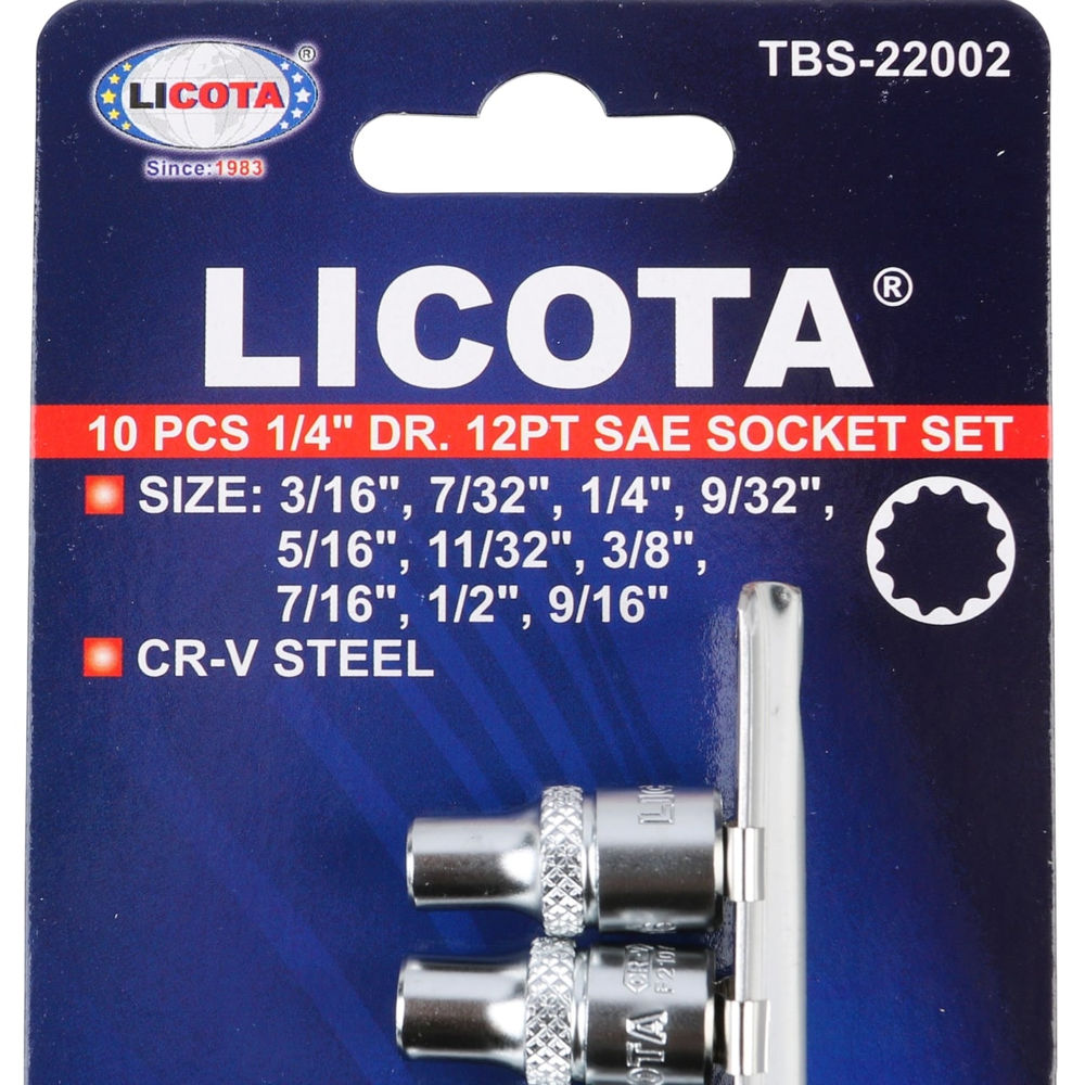 Набор торцевых головок 12-ти гранных 10 пр. на линейке, 3/16-9/16 1/4 Licota TBS-22002