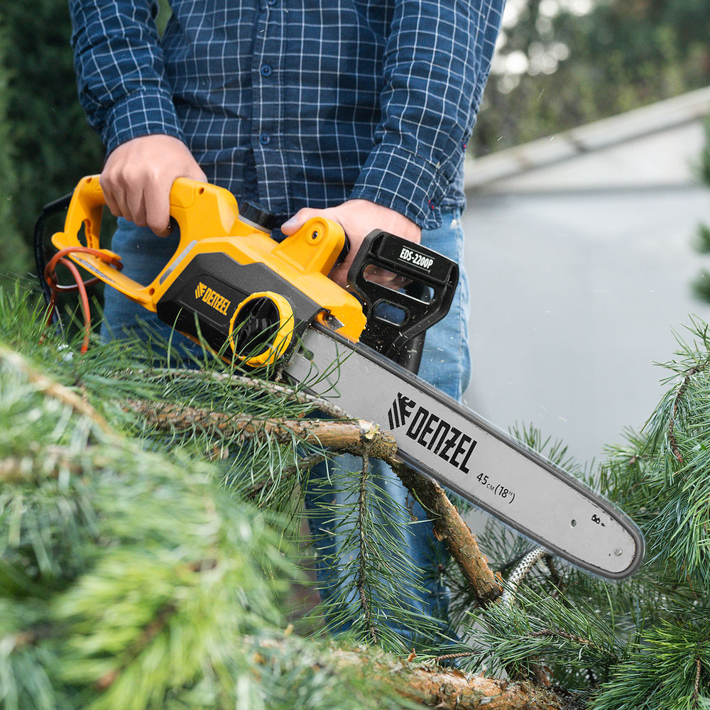 Пила цепная электрическая EDS-2200P, 2.2 кВт,поперечная, шина 45 см, шаг 3/8, паз 1.3 мм, 63 звена Denzel (95617)