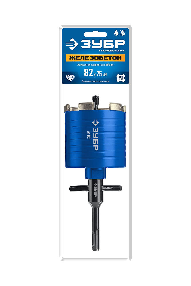 Коронка алмазная сегментная для подрозетников d 82 мм, М16, рабочая глубина 75 мм, лазерная сварка ЗУБР АСК Профессионал 29875-82