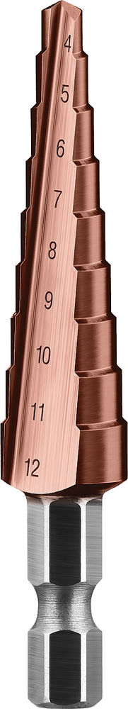Ступенчатое сверло 4-12 мм, 9 ступеней, сталь Р6М5, кобальтовое покрытие Кобальт ЗУБР Профессионал 29672-4-12-9_z01