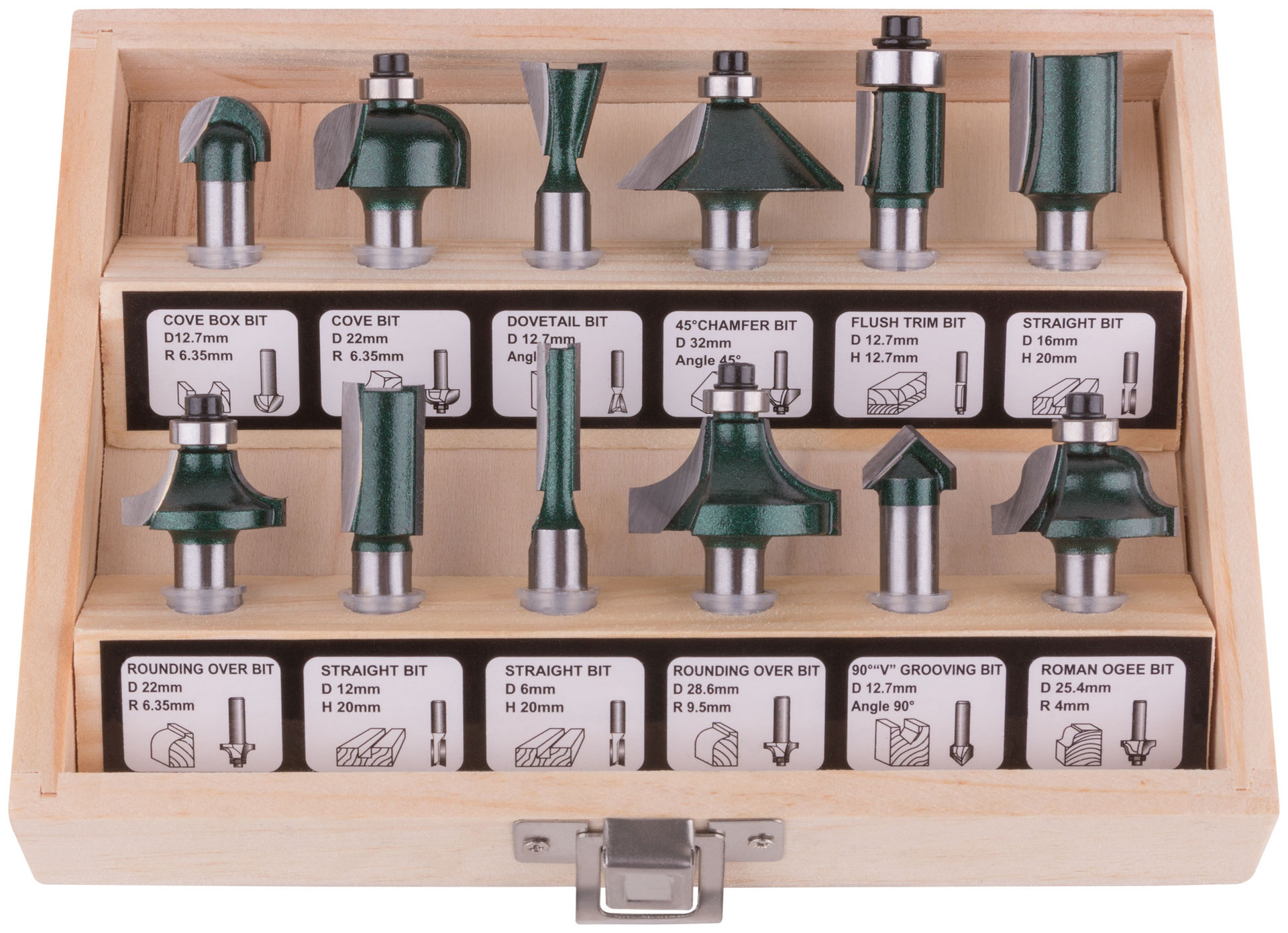 Фрезы по дереву кромочные, набор 12 шт., деревянный бокс, хвостовик 8 мм (36578)