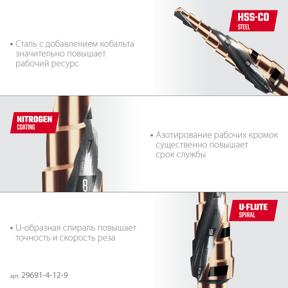 Сверло ступенчатое COBALT, 4–12 мм, 9 ступеней, азотирование, винтовая спираль KRAFTOOL 29691-4-12-9