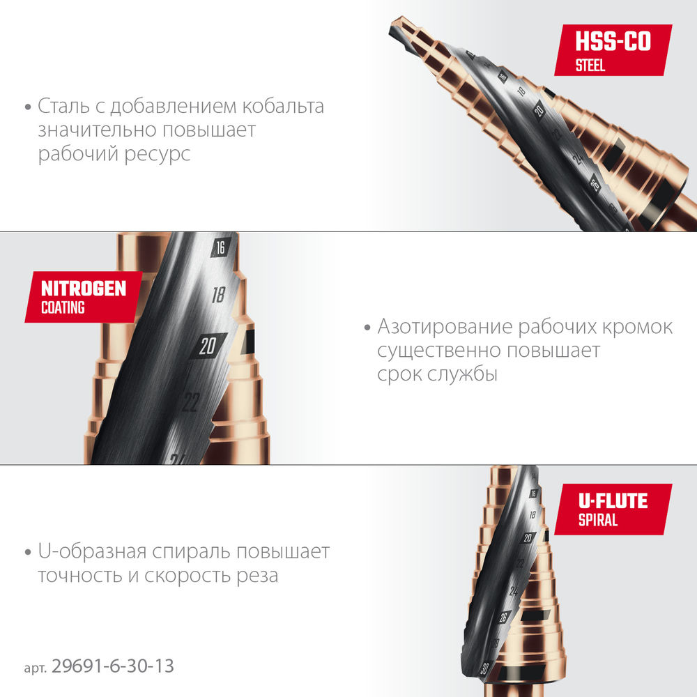 Сверло ступенчатое COBALT, 6–30 мм, 13 ступеней, азотирование, винтовая спираль KRAFTOOL 29691-6-30-13