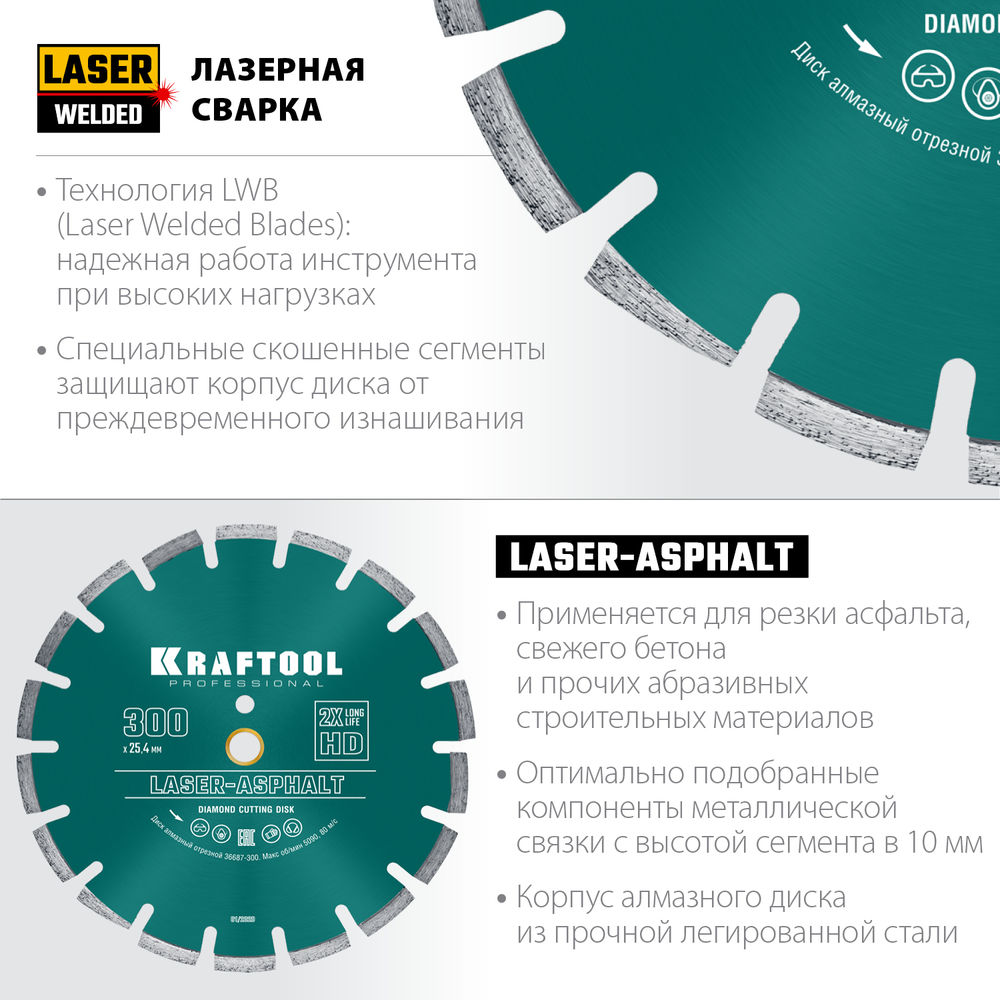 Алмазный диск LASER-ASPHALT, 300 мм (25.4/20 мм, 10?3.2 мм) KRAFTOOL 36687-300