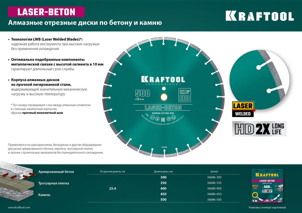 Алмазный диск LASER-BETON, 300 мм (25.4/20 мм, 10?3.2 мм) KRAFTOOL 36686-300