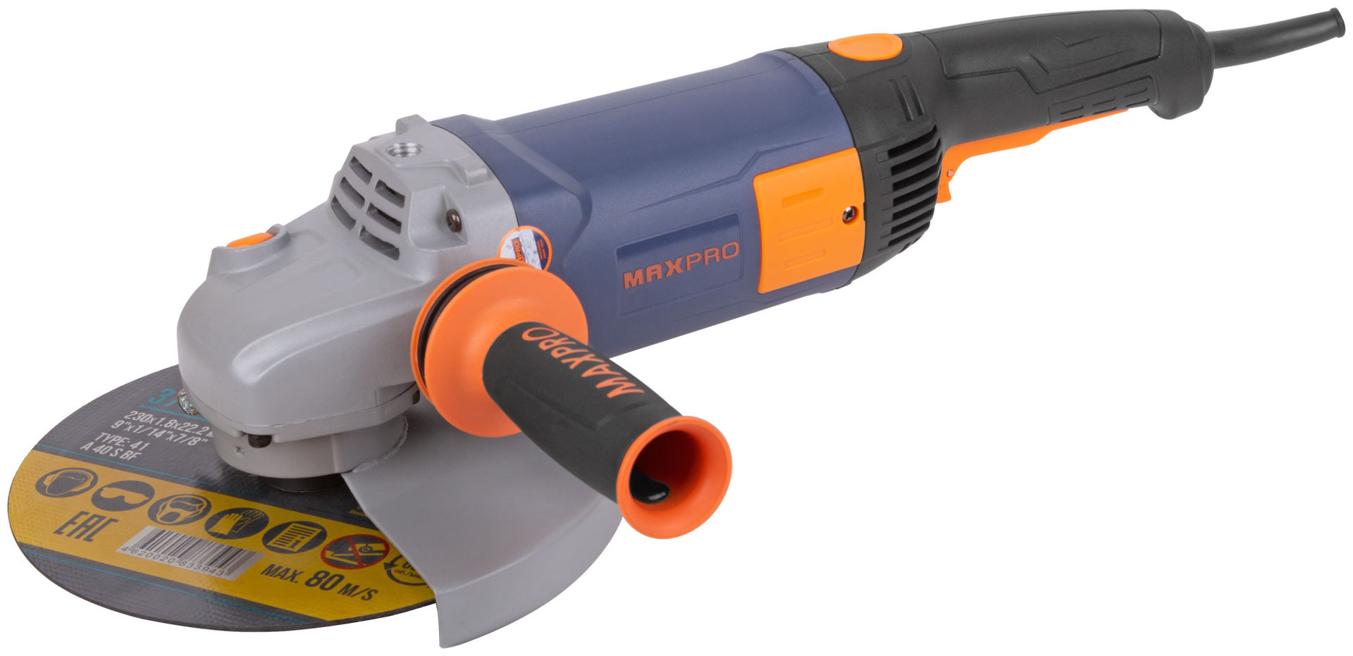 Шлифмашина угловая, 2400 Вт, 6000 об/мин, защитный кожух 230 мм, антивибрационная ручка, дополнительные щетки, плавный пуск, поворотная рукоятк, MAX-PRO, 85154