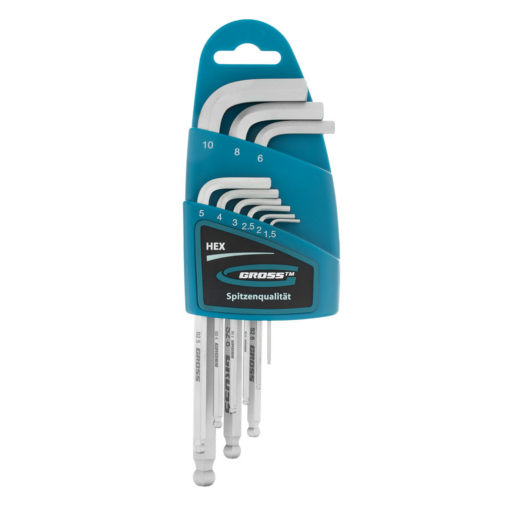 Набор ключей имбусовых HEX, 1.5-10 мм, S2, 9 шт, удлиненные с шаром, сатинированные Gross (16403)