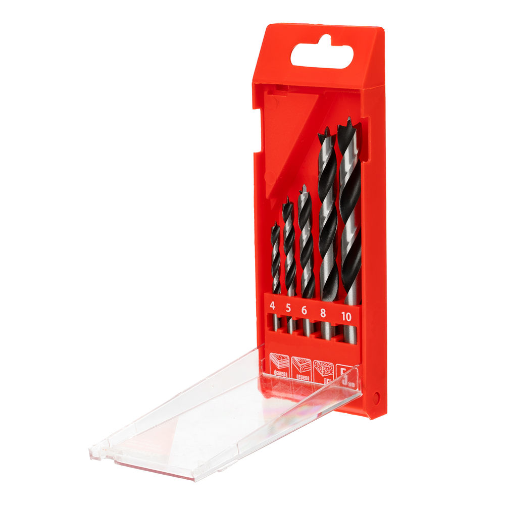 Набор сверл по дереву, 4-5-6-8-10 мм, 5 шт, цилиндрический хвостовиковик, пластиковый кейс, Matrix (70281)