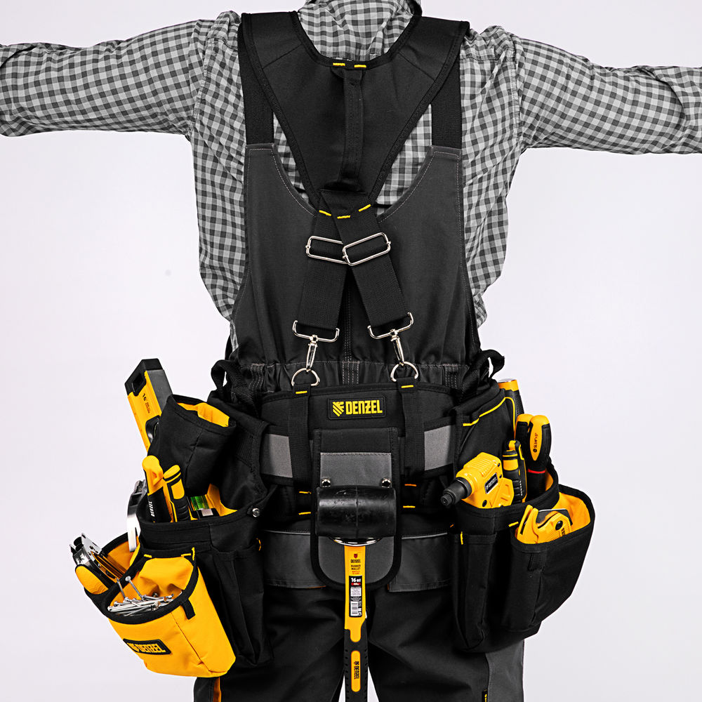 Пояс монтажника усиленный, с лямками, сумки поясные, держатель для молотка Denzel