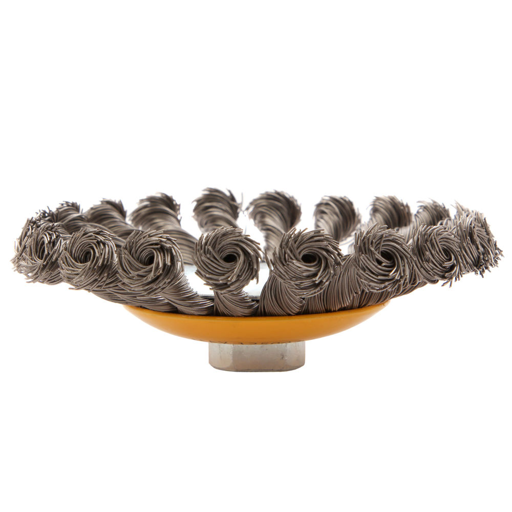 Щетка для УШМ, 125 мм, Тарелка, крученая нержавеющая проволока 0.5 мм, М14 Denzel (746113)