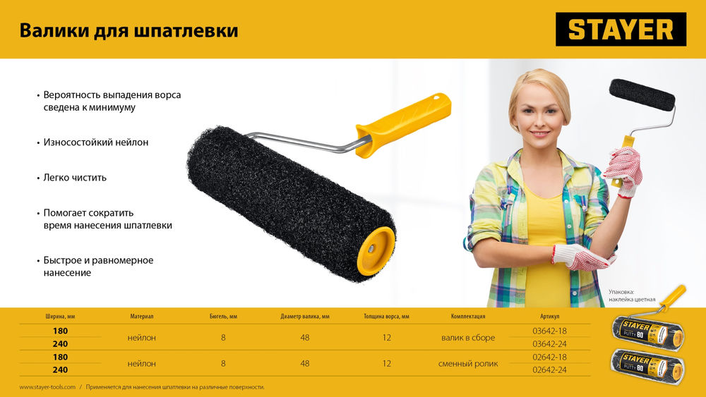 Валик для шпатлевки 80 мм, 180 мм, 8 мм ручка PUTTY PROFESSIONAL STAYER 03642-18