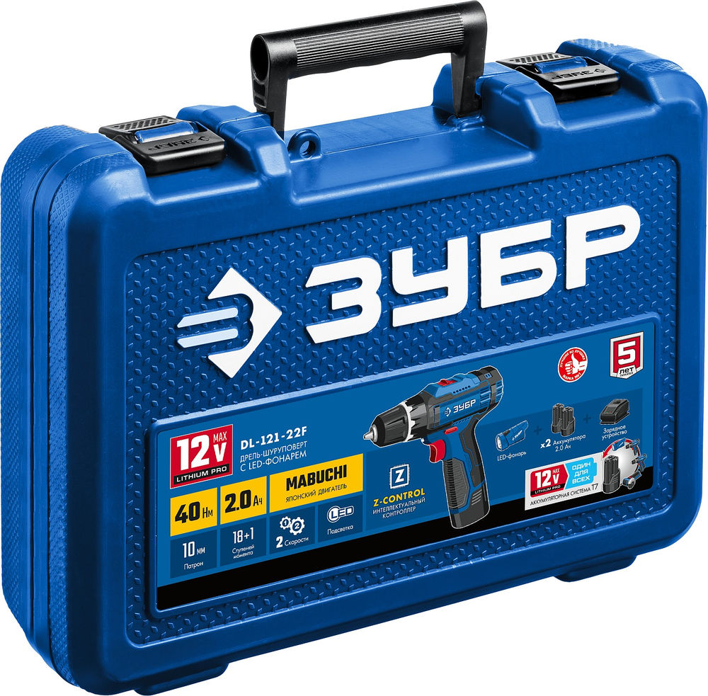 Дрель-шуруповерт 12 В 40 Н·м 2 АКБ тип Т7 2 А·ч + LED фонарь кейс Профессионал ЗУБР DL-121-22F