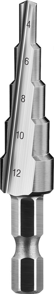 Сверло ступенчатое 4–12 мм, 5 ступеней, сталь Р6М5 ЗУБР Профессионал 29670-4-12-5_z01