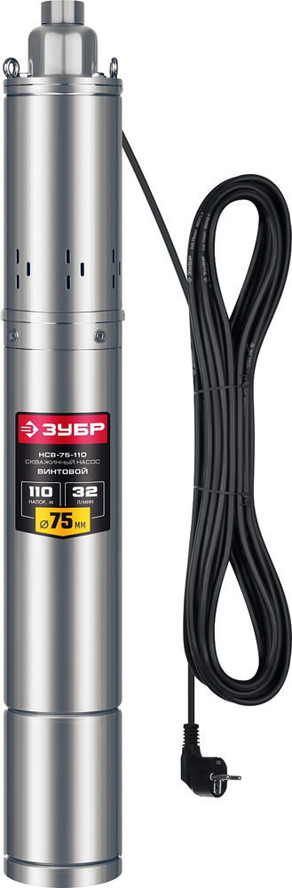 Насос скважинный винтовой 900 Вт, 110 м напор, корпус из нержавеющей стали ЗУБР НСВ-75-110