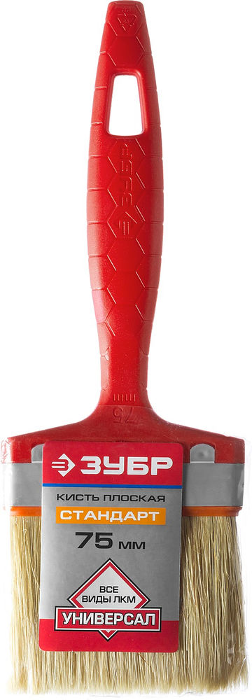 Кисть плоская 75 мм, 3, светлая натуральная щетина, пластмассовая ручка, все виды ЛКМ ЗУБР УНИВЕРСАЛ 01015-075
