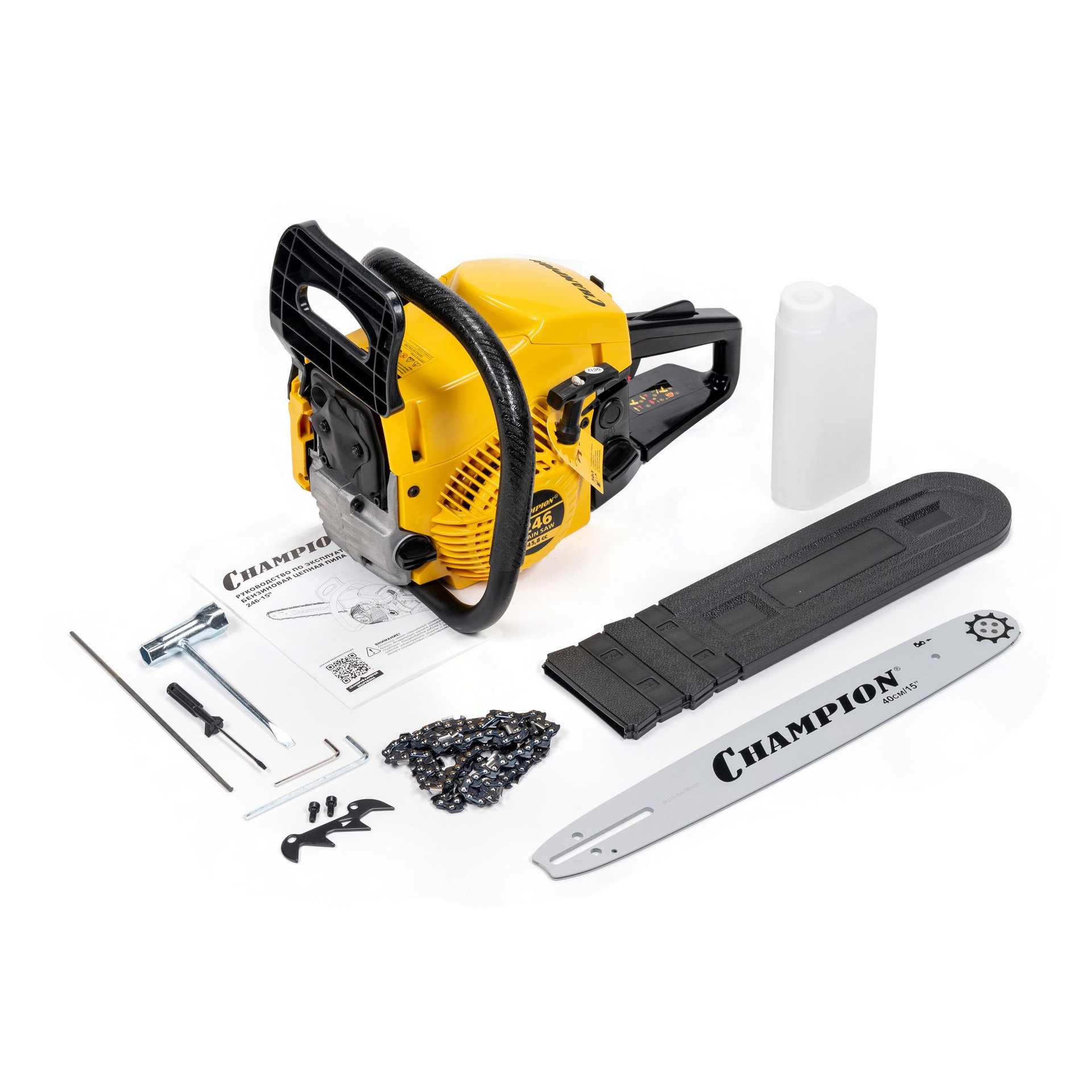 Бензопила CHAMPION 246-15-0,325-1,3-64 (1,9кВт 45,8см? легкий старт 5,4кг) 246-15