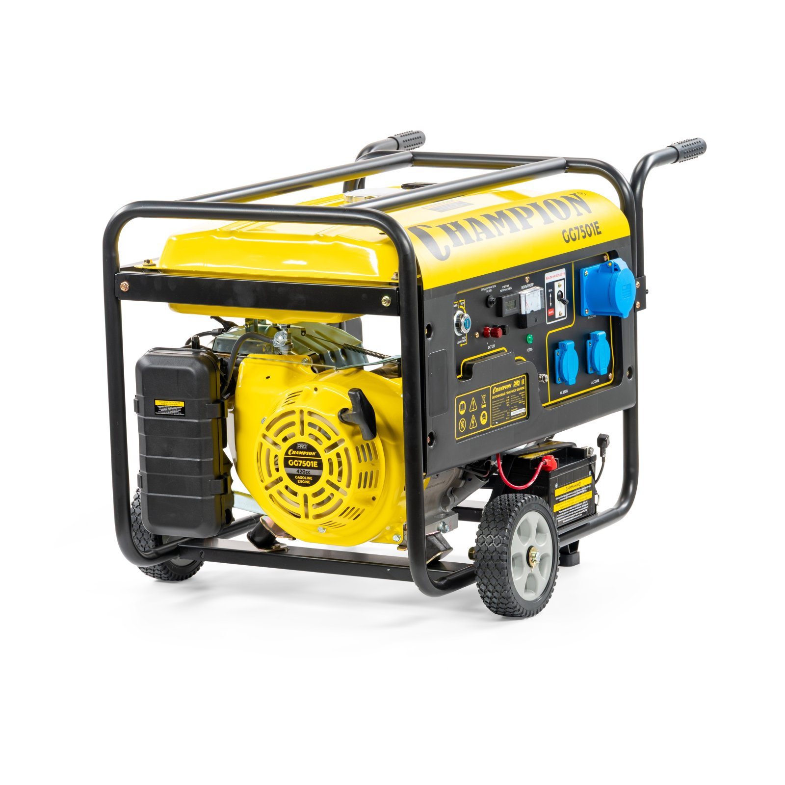 Генератор CHAMPION GG7501E (PRO 6/6,5кВт 15лс 25л 12В 83,3кг, эл.стартер, счетчик, колеса) (GG7501E)