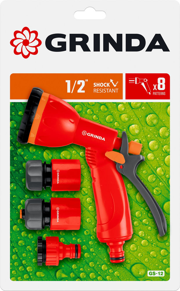 Поливочный набор GS-12, пистолет с 8 режимами, комплект соединительной арматуры 1/2, ударопрочный пластик GRINDA 8-427383_z02