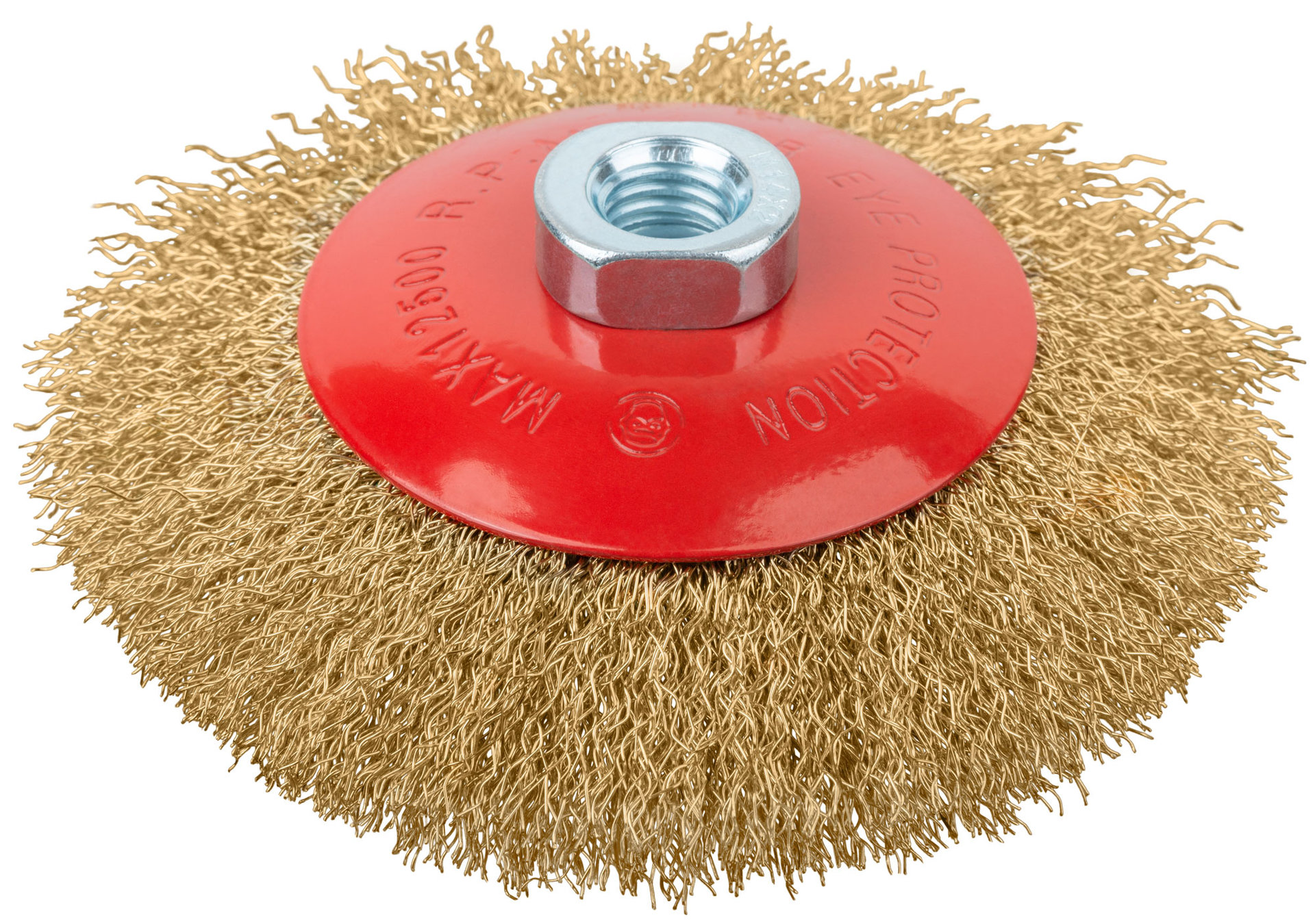 Корщетка-колесо с наклоном, гайка М14, стальная латунированная волнистая проволока 125 мм (39052)