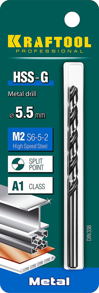 Сверло по металлу 5.5 х 93 мм сталь P6M5 HSS-G KRAFTOOL 29651-5.5