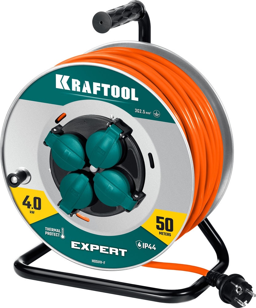 Силовой удлинитель на стальной катушкеEXPERT ПВС 3х2.5 50м 4000Вт IP44 KRAFTOOL 55089-50