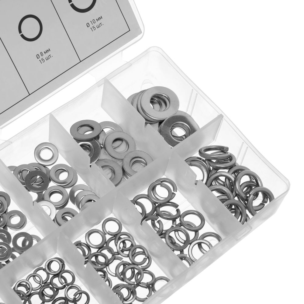 Набор шайб и гроверов, D шайб: 3, 4, 5, 6, 8, 10 мм D гроверов: 3, 4, 5, 6, 8, 10 мм, 350 предметов Сибртех (47614)