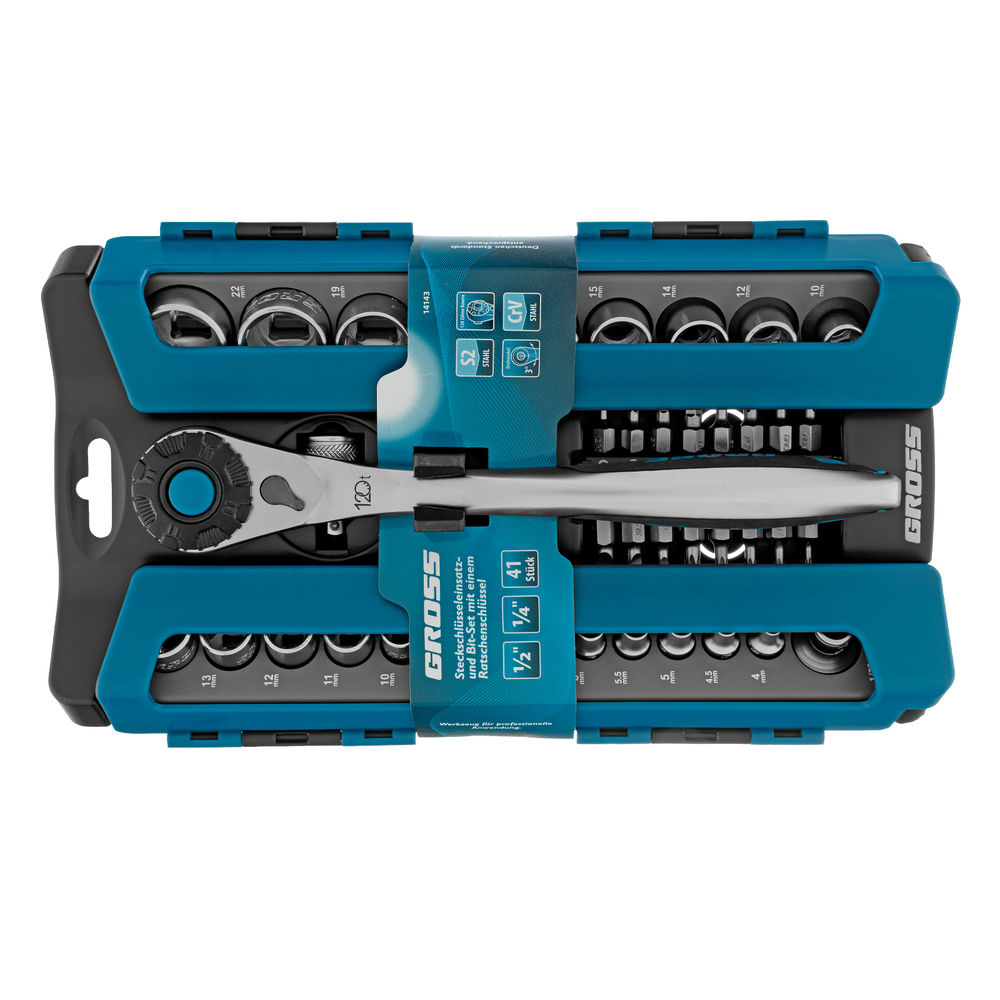 Набор торцевых головок, трещотка 120 зубьев, 1/2, 1/4, CrV, 41 предмет Gross