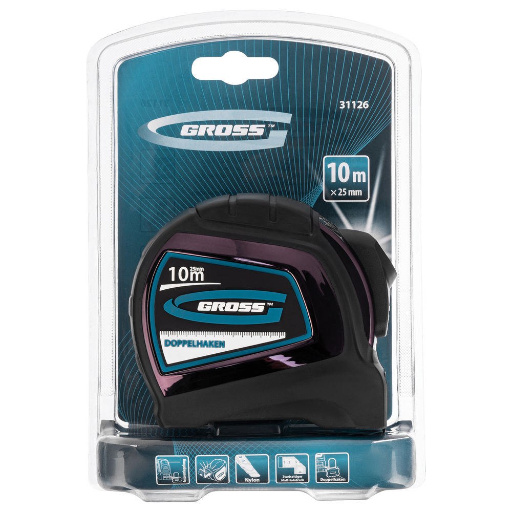 Рулетка Doppelhaken,10 м x 25 мм,двухсторонний зацеп,Нейлон,двусторонняя шкала,автоматическая фиксация Gross