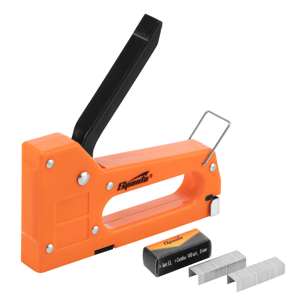 Степлер мебельный пластиковый, со скобами 100 шт, тип скобы 53, 4-8 мм Sparta (42001)