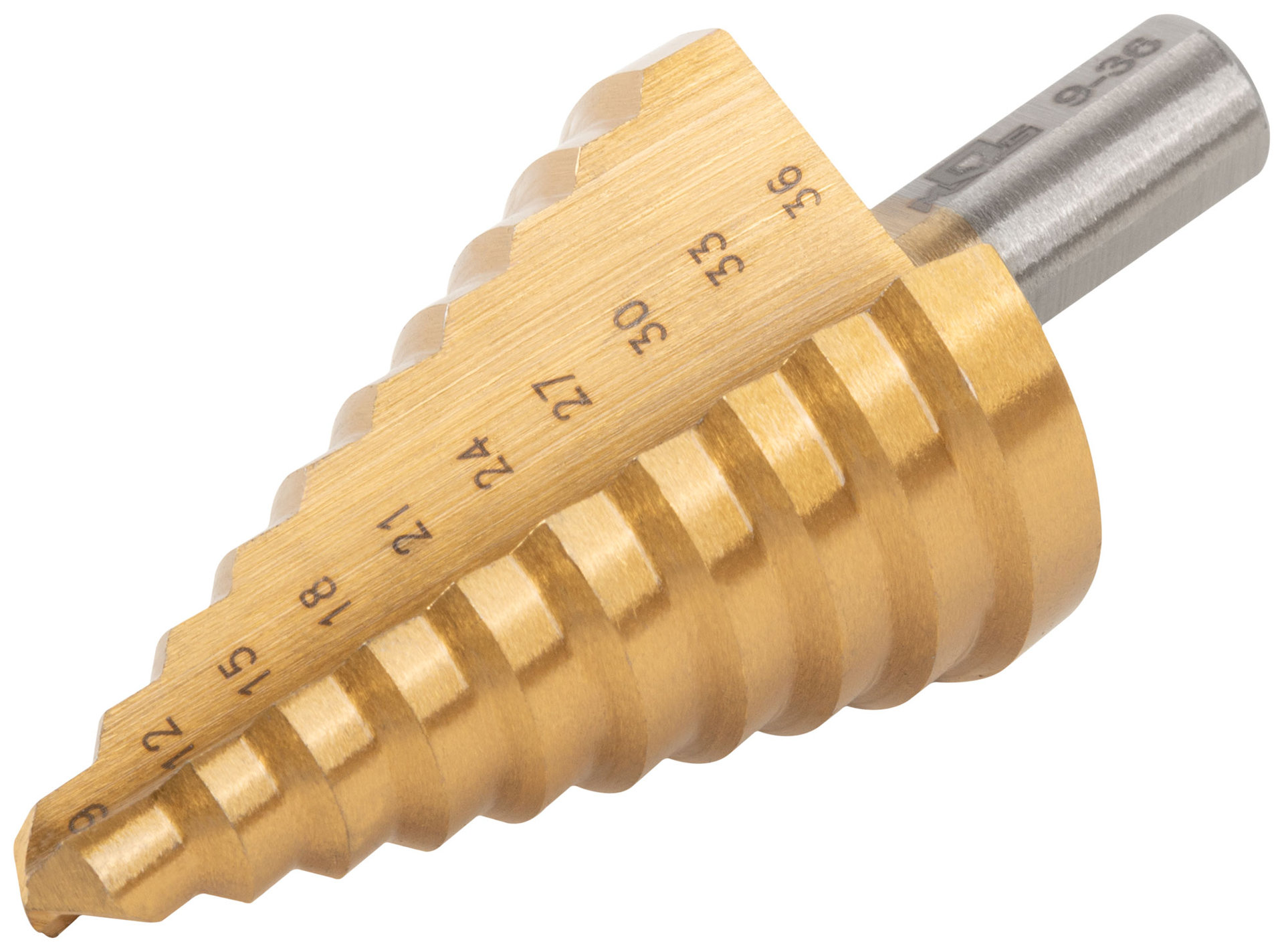 Сверло ступенчатое HSS по металлу, 10 ступеней 9-12-15-18-21-24-27-30-33-36 мм