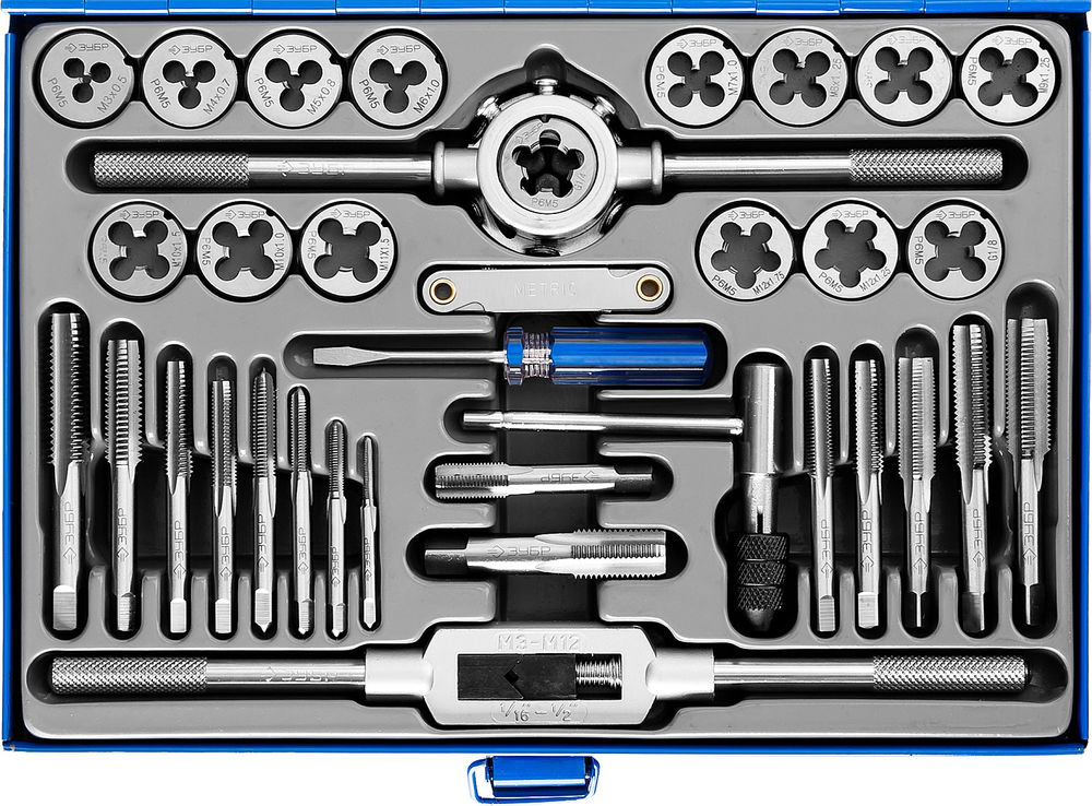 Набор метчиков и плашек 35 предметов сталь Р6М5 Профессионал ЗУБР 28110-H35