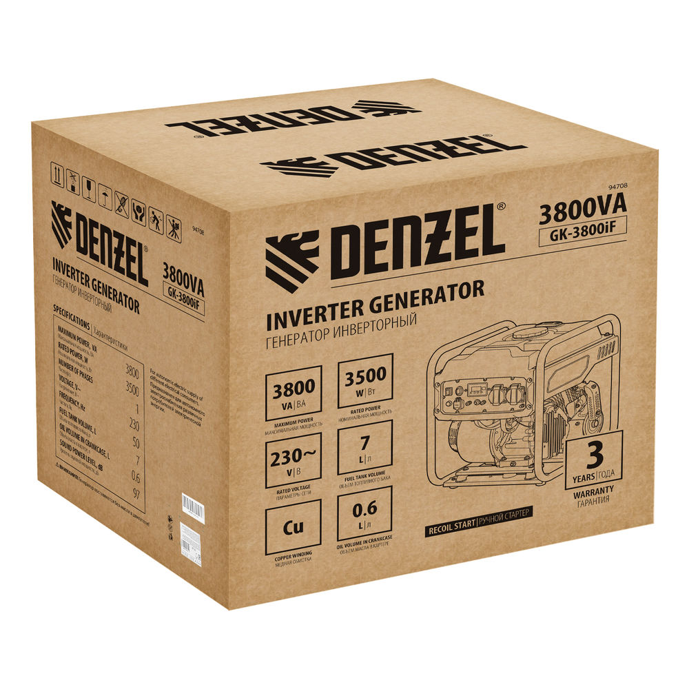 Генератор инверторный GK-3800iF, 3,8 кВт, 230 В, ручной старт DENZEL (94708)