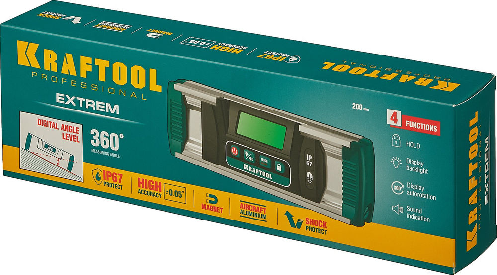 Электронный уровень-уклономер EXTREM, 0 - 360°, точность 0.05°, HOLD, IP67 KRAFTOOL 34686