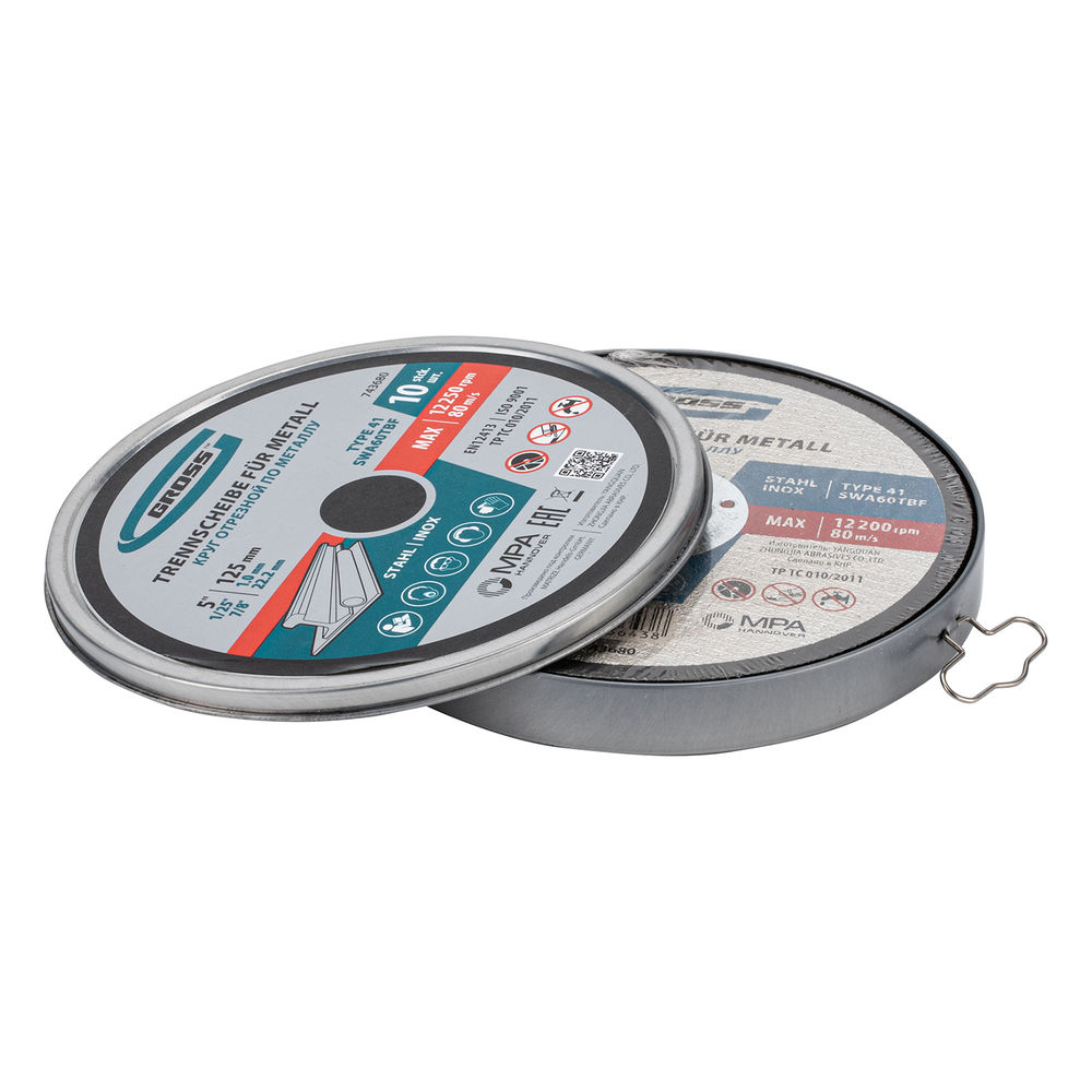 Круг отрезной по металлу, 125 х 1,0 х 22,2 мм, SWA60TBF, в метал.банке, 10 шт. Gross (743680)