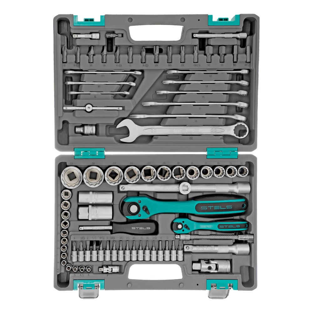 Набор инструментов 1/2, 1/4, CrV, 12 гранные головки, пластиковый кейс, 82 предмета Stels