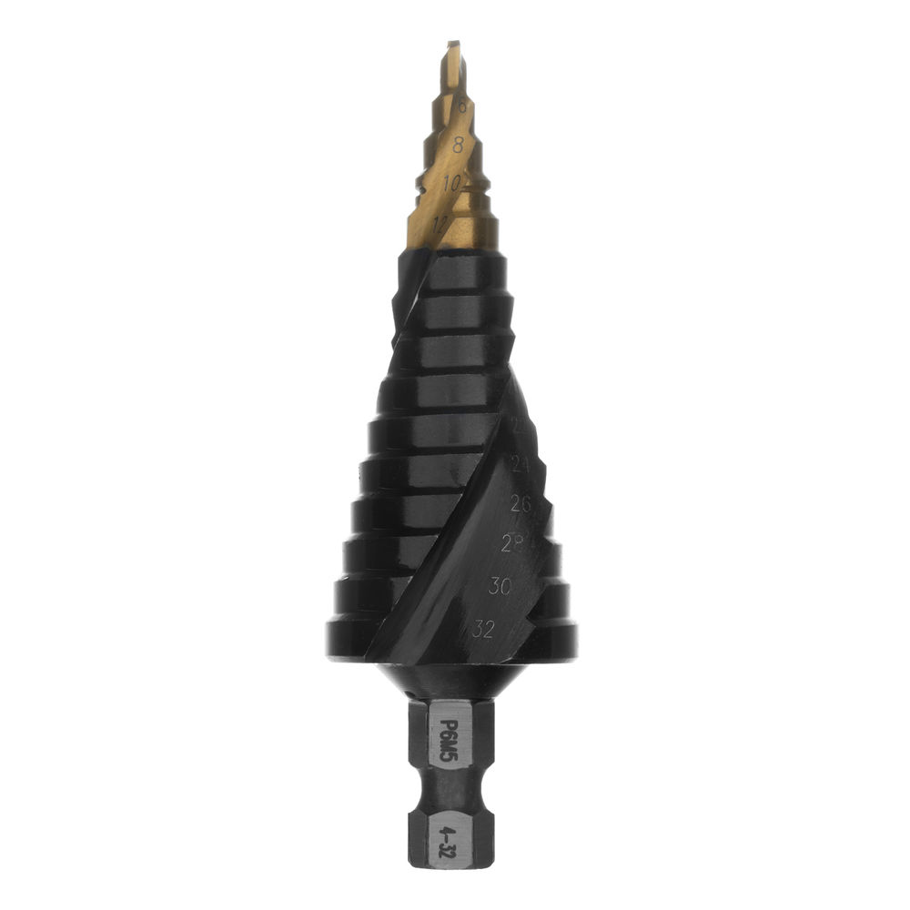 Сверло ступенчатое, 4-6-8-10-12-14-16-18-20-22-24-26-28-30-32 мм, Р6М5, 6-гр. хвостовик Denzel (723606)