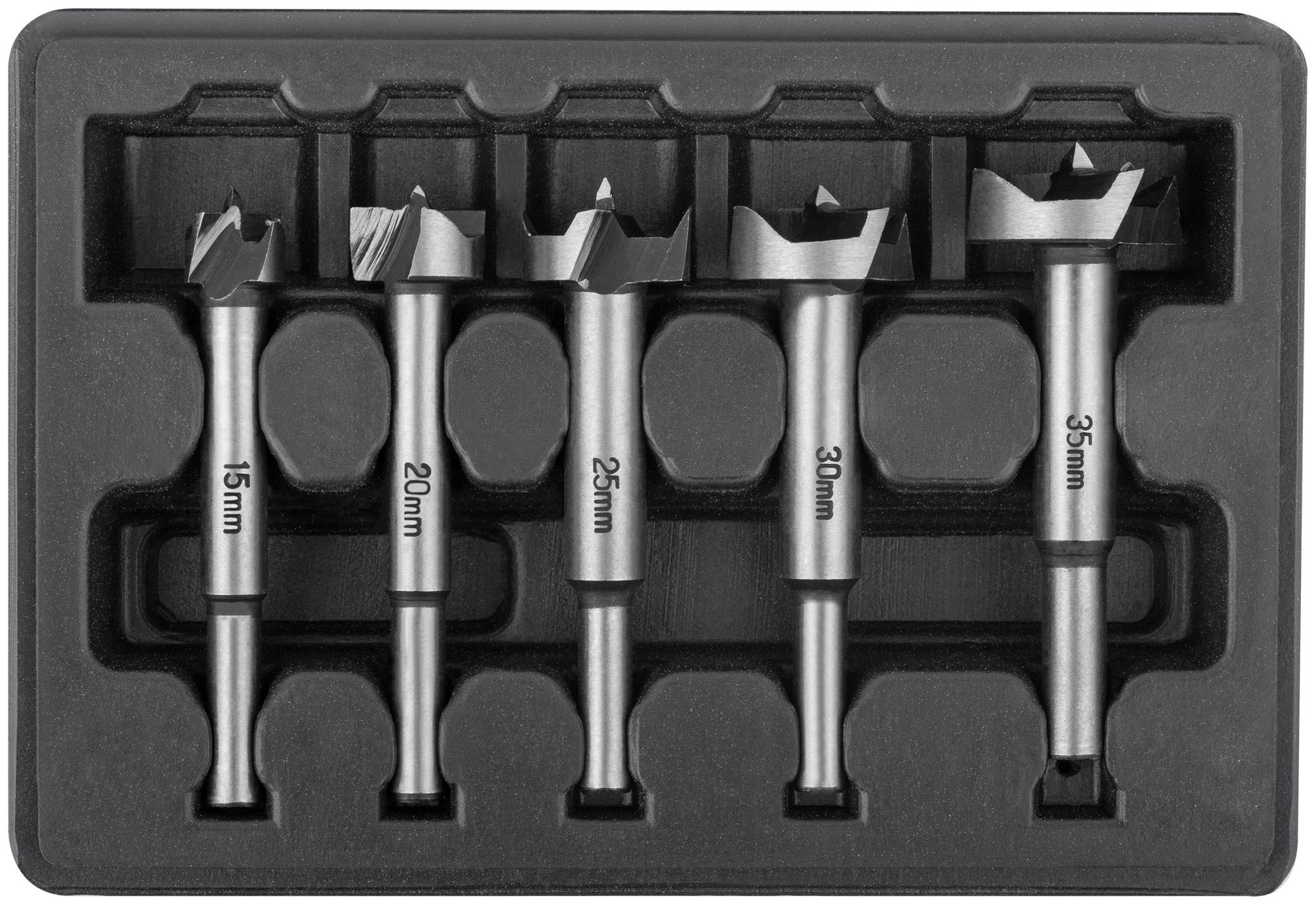 Фрезы по дереву (сверла Форстнера), усиленная 60# сталь, 5 шт., 15/20/25/30/35 мм (36552)