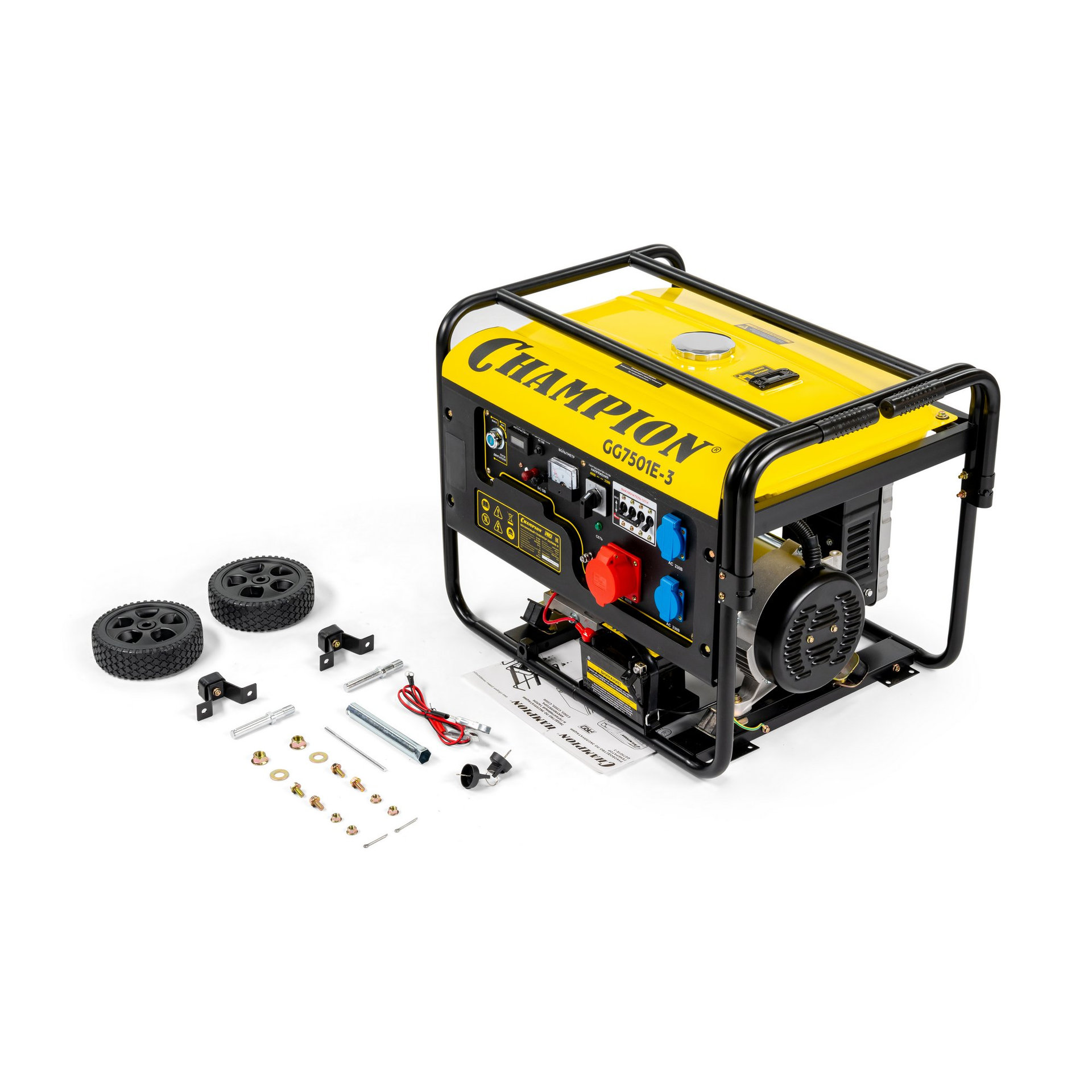 Генератор CHAMPION GG7501E-3 (PRO 400В7,5/8,1кВАcosф=0,8 15лс25л230/12В84,2кг,эл.стартер,счетч.колес (GG7501E-3)