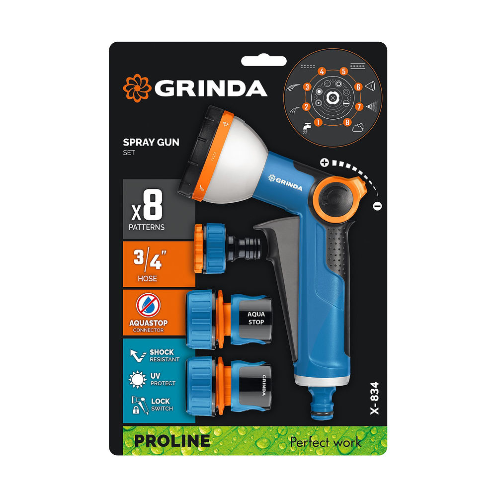 Набор поливочный Х-834, пистолет поливочный X-8, коннектор 3/4, конектор 3/4 с автостопом, адаптер с внутр. резьбой 1/2 х 3/4, PROLine GRINDA 429167