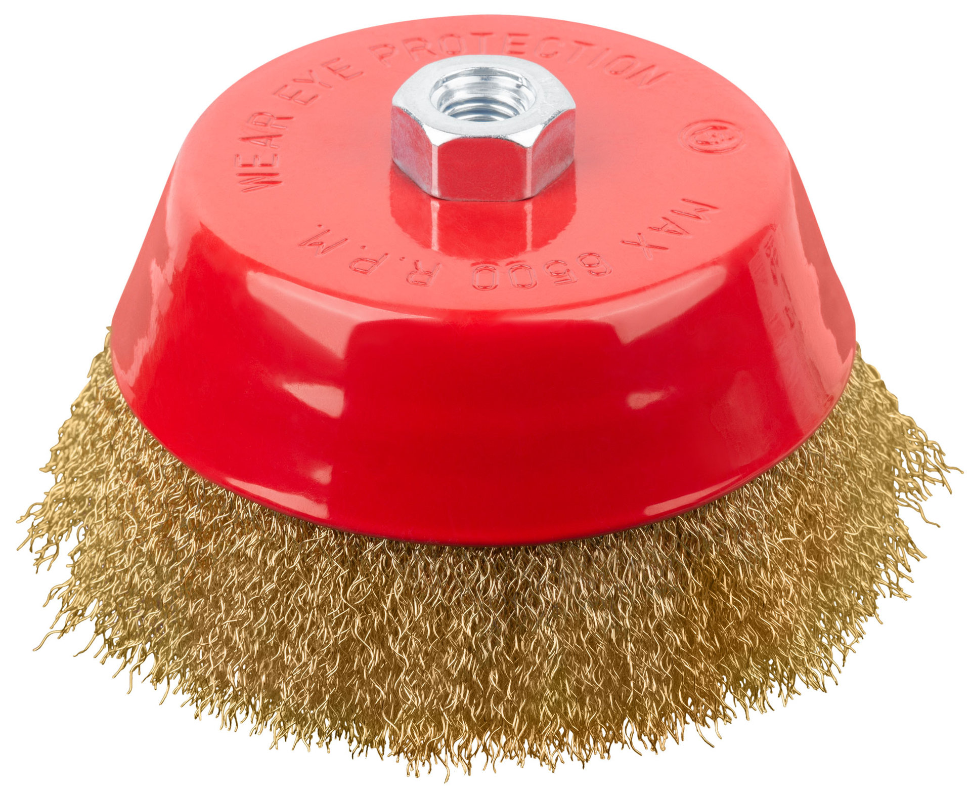 Корщетка-чашка, гайка М14, стальная латунированная волнистая проволока 150 мм (39274)