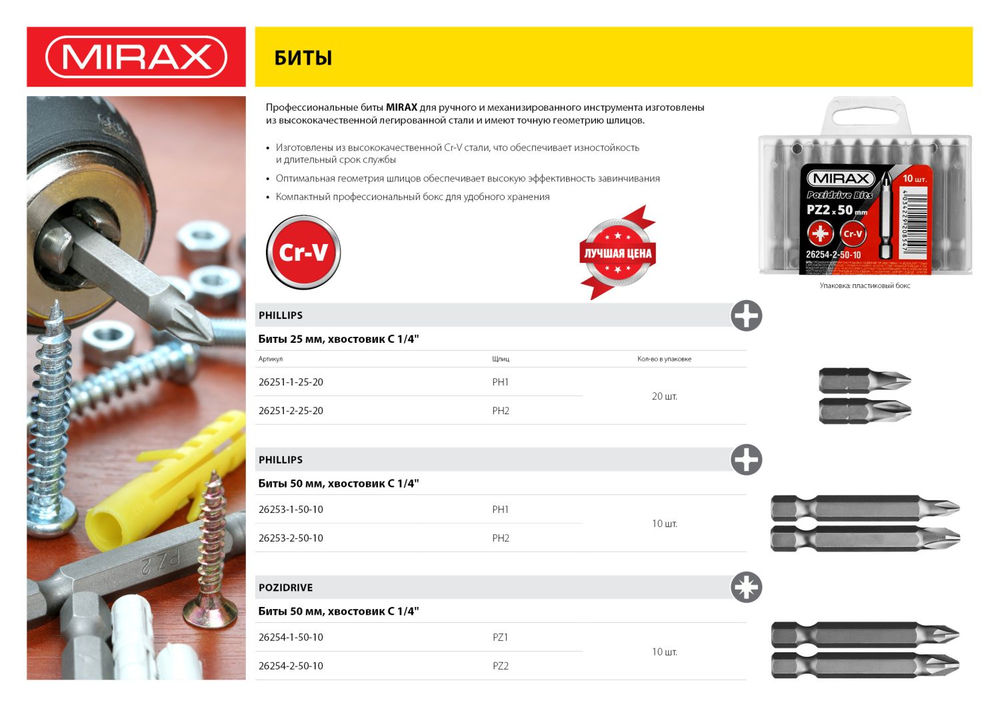 Биты PZ1, 50 мм, 10 шт MIRAX 26254-1-50-10