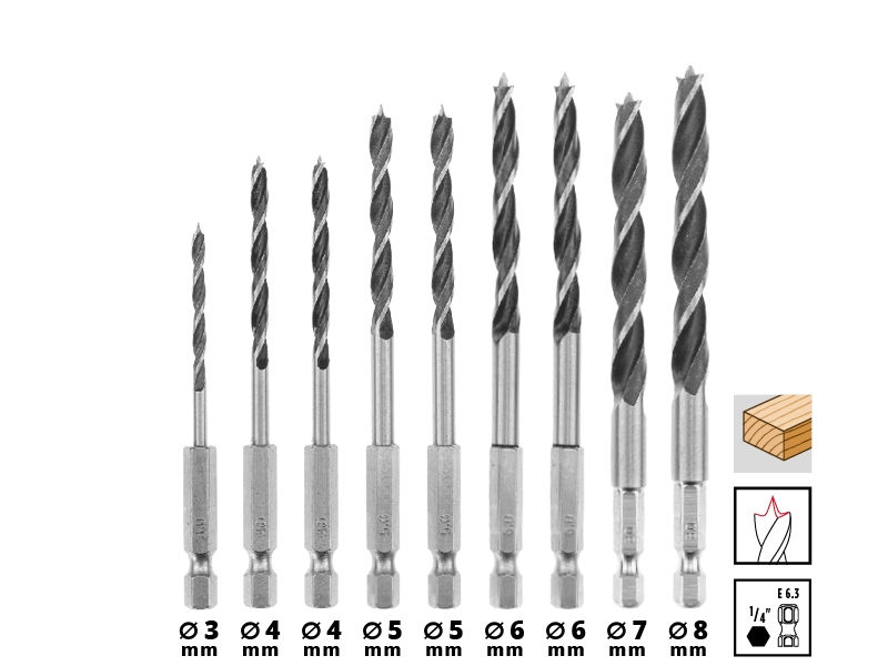 Набор сверл Einhell 10 штук,3-8 мм,по дереву,с 6-гранным хвостовиком,S-Case (108733)