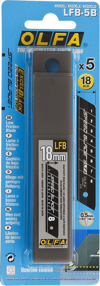 Тефлоновые сегментированые лезвия 18 мм, 5 шт, в пластиковом кейсе + блистер OLFA OL-LFB-5B