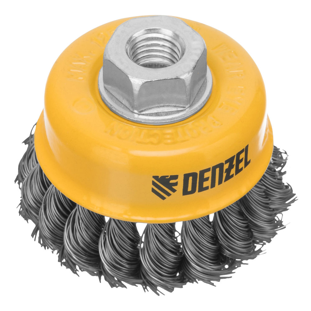 Щетка для УШМ, 75 мм, Чашка, крученая нержавеющая проволока 0.5 мм, М14 Denzel (746243)