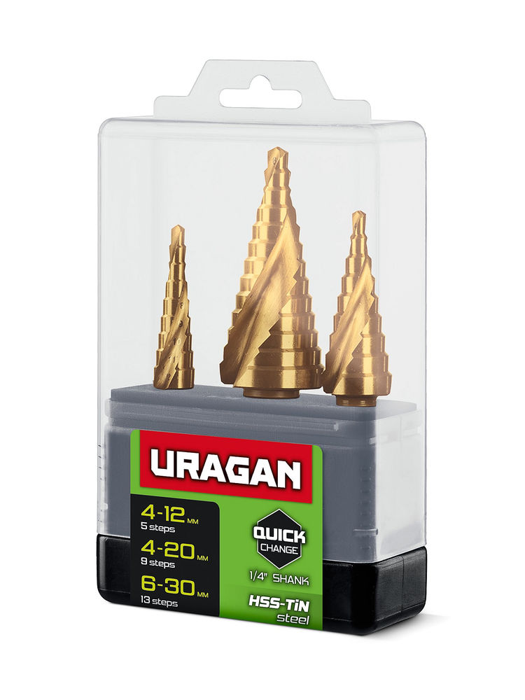 Сверла ступенчатые набор винтовая спираль URAGAN 3 шт 4-30мм 29658-4-30-H3  