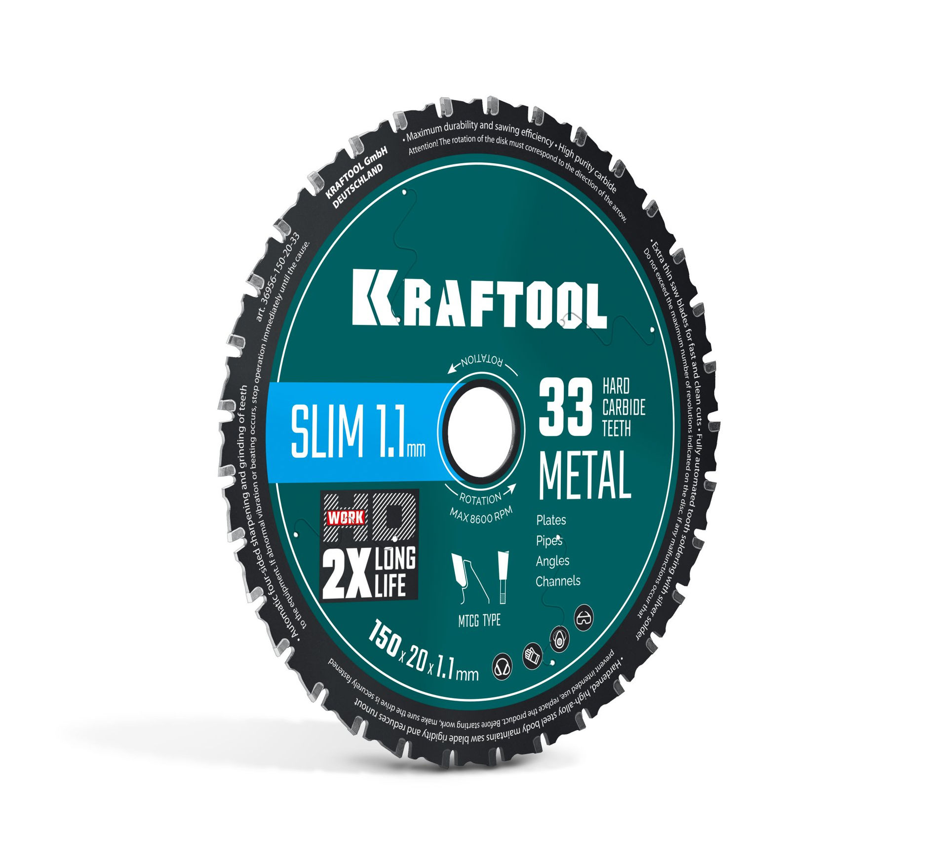 Диск пильный Ultra-Slim Metal Cut, 150 х 20 x 1.1 мм, 33Т, тонкий рез металла KRAFTOOL 36956-150-20-33